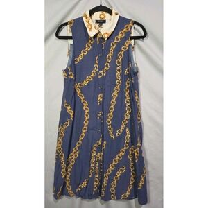 MSK Shirt Dress Womens Medium Blue Gold Chain Link Sleeveless Collared